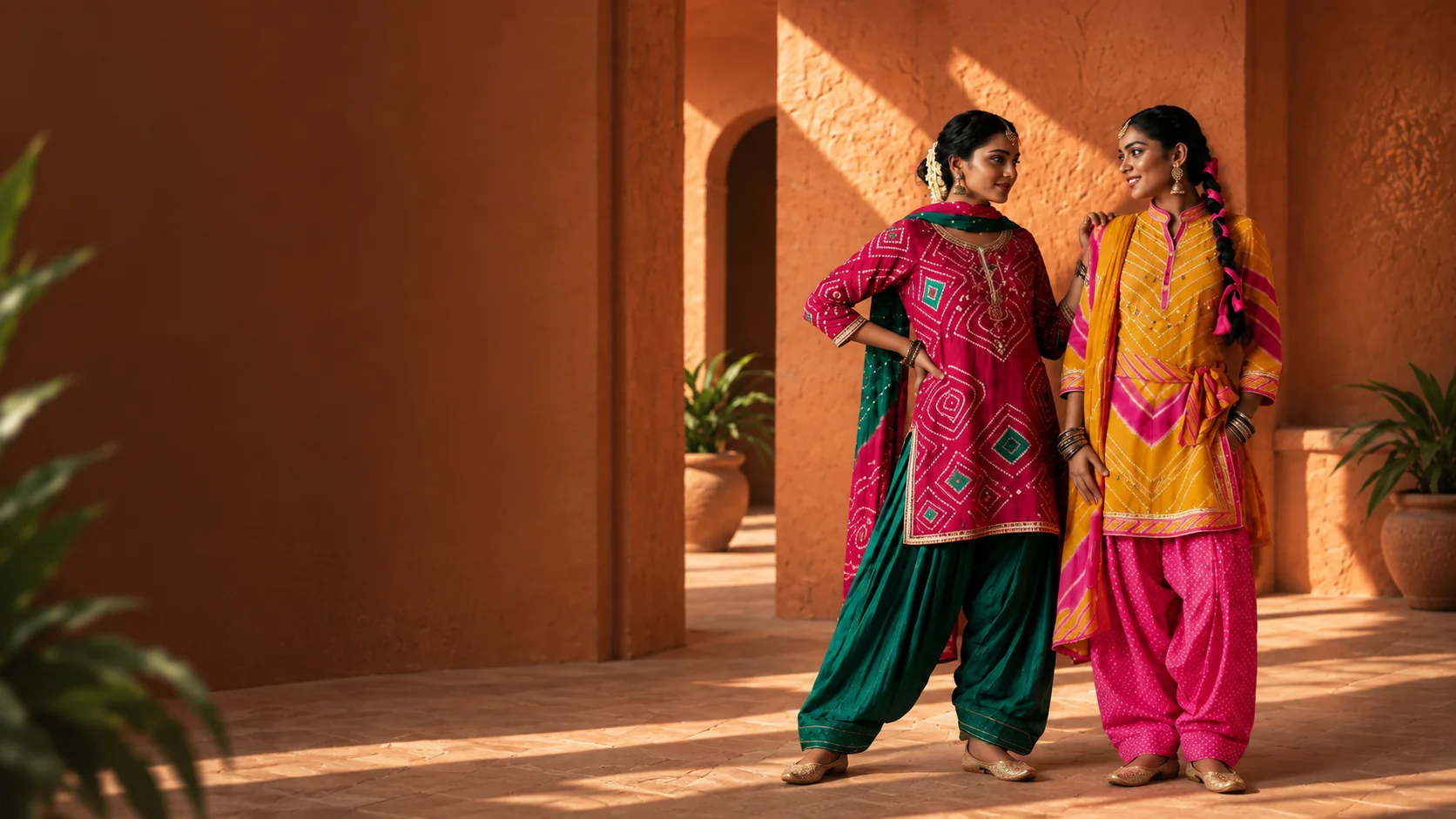 Two models wearing Anand Boutique co-ord sets in a sunlit courtyard